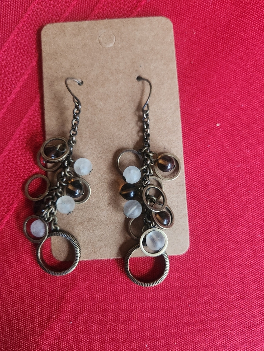 Bronze Chain Drop Earrings with Brown and White Beads
